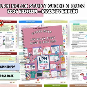 以下が含まれることがあります： スパイラル綴じのLPN NCLEXスタディガイド＆クイズ2026年版。ピンクの表紙には聴診器、肺、心臓、体温計などの医療イラストが描かれています。表紙のテキストは「Hyperlinked LPN NCLEX Study Guide & Quiz 2026」と記載されています。