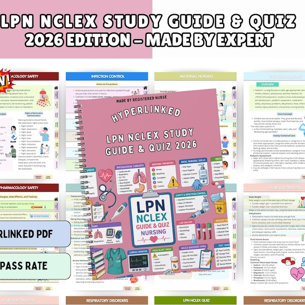 LPN Nclex Study Guide, 105+ Pages, Quiz, NEW Hyperlinked 2026 (Digital Download)
