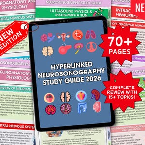 Può includere: Un tablet mostra una guida allo studio intitolata "Hyperlinked Neurosonography Study Guide 2026". La guida presenta illustrazioni mediche e il testo "70+ pagine" e "Complete Review with 15+ Topics!". È visibile un'etichetta rossa "New Edition".
