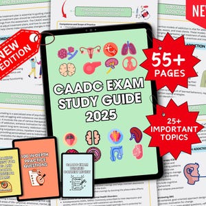 May include: A study guide for the CAADC exam, 2025 edition, with 55+ pages and 25+ important topics. The image shows a tablet with the title and icons related to addiction counseling, along with three smaller guides.