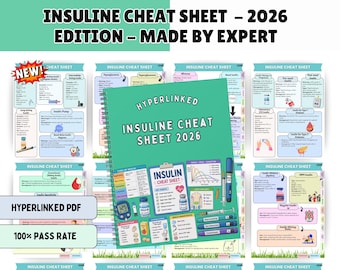 Puede incluir: Una guía Insuline Cheat Sheet 2026 de espiral con una cubierta color verde azulado y el texto Hyperlinked Insuline Cheat Sheet 2026. El documento incluye tablas, tipos de insulina, diagramas de sitios de inyección y monitoreo.