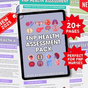 Puede incluir: Una descarga digital para un paquete de evaluación de salud FNP, con una cinta rosa y un gráfico de estrella roja. El texto de la portada dice "FNP Health Assessment Pack" y "Made by Registered Nurse".