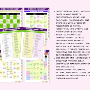 May include: A set of Oncology Pharmacology study sheets featuring tables and lists on chemotherapy drugs, targeted therapy, and monoclonal antibodies. The documents include text detailing mechanisms of action, indications, side effects, and nursing considerations.