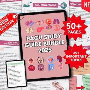 Puede incluir: Un paquete de guías de estudio digital PACU Study Guide Bundle 2025 se muestra en una tableta, con el texto "PACU Study Guide Bundle 2025" en letras blancas grandes. La imagen incluye una etiqueta de "Nueva edición" y un gráfico de ráfaga de estrella roja con "50+ páginas" y "25+ temas importantes".