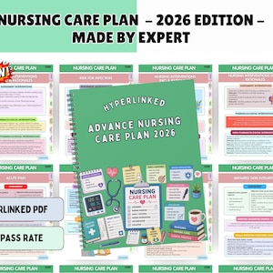May include: A spiral-bound digital nursing care plan guide for 2026 featuring a green cover with illustrations of a stethoscope, blood pressure monitor, and medical records. The text reads Hyperlinked Advance Nursing Care Plan 2026.