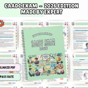May include: A spiral-bound study guide with a light green cover titled Hyperlinked CAADC Exam Study Guide 2026. The cover features colorful illustrations of people studying, a brain, a clock, a calculator, and various office supplies.