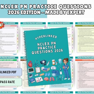 May include: A spiral-bound NCLEX PN Practice Questions 2026 Edition study guide with a teal cover featuring medical illustrations of a nurse, heart, stethoscope, and equipment. The document includes hyperlinked pages and practice exam content.