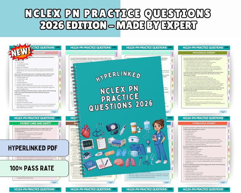May include: A spiral-bound NCLEX PN Practice Questions 2026 Edition study guide with a teal cover featuring medical illustrations of a nurse, heart, stethoscope, and equipment. The document includes hyperlinked pages and practice exam content.