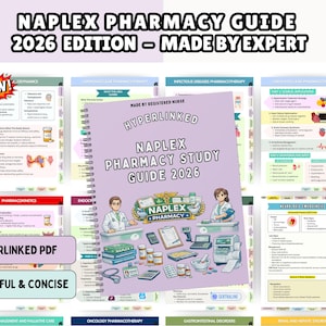Può includere: Una colorata guida allo studio della farmacia per il 2026, con il testo "NAPLEX PHARMACY STUDY GUIDE 2026" e "MADE BY EXPERT". La guida è ipertestuale e include illustrazioni e diagrammi. L'immagine include anche il testo "HYPERLINKED PDF" e "COLORFUL & CONCISE."