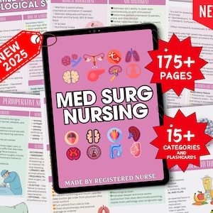 Puede incluir: Una tableta digital rosa y blanca que muestra una guía de estudio digital para enfermería médico-quirúrgica. La guía incluye más de 175 páginas y más de 15 categorías y tarjetas didácticas. El texto "Med Surg Nursing" se muestra en una fuente grande en la pantalla de la tableta. La tableta está rodeada de ilustraciones coloridas del cuerpo humano.