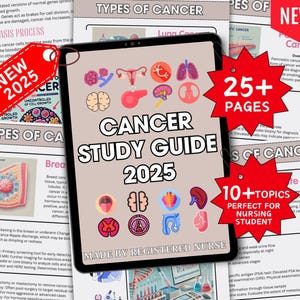 Könnte beinhalten: Ein digitaler Studienführer für Pflegekräfte zum Thema Krebs. Der Leitfaden enthält einen roten Stern mit dem Text "NEW 2025" und den Text "CANCER STUDY GUIDE 2025" in einem weißen Kasten. Der Leitfaden enthält Illustrationen verschiedener Krebsarten, wie z. B. Lungenkrebs, Brustkrebs und Bauchspeicheldrüsenkrebs.