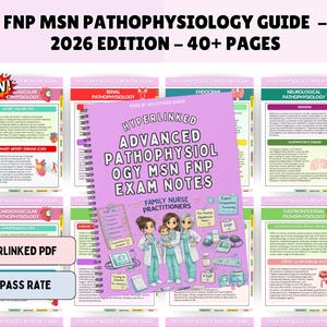 May include: A spiral-bound notebook titled "Hyperlinked Advanced Pathophysiology OGY MSN FNP Exam Notes" with illustrations of nurses. The cover is light purple with the text "2026 Edition - 40+ Pages". Surrounding the notebook are several study guides.