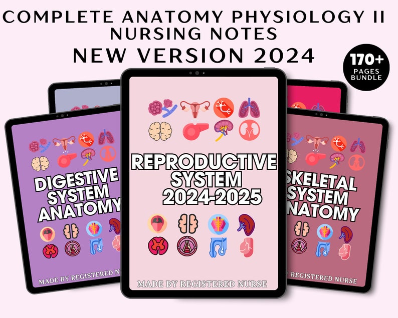 May include: A collection of digital nursing notes on tablets, featuring titles like "Digestive System Anatomy," "Reproductive System 2024-2025," and "Skeletal System Anatomy." The tablets display colorful anatomical illustrations and the text "New Version 2024."