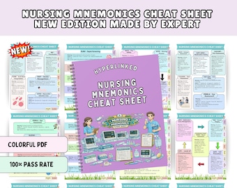 Puede incluir: Una guía de referencia rápida de enfermería con encuadernación en espiral y portada morada que muestra equipos médicos y dos enfermeros. El texto dice Nursing Mnemonics Cheat Sheet y Hyperlinked. Las páginas de fondo muestran varias tablas de evaluación.