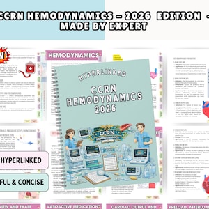 May include: A spiral-bound study guide titled Hyperlinked CCRN Hemodynamics 2026 with a light blue cover featuring medical illustrations of monitors and healthcare staff, displayed against a background of multiple educational pages.