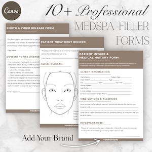 Könnte beinhalten: Eine Sammlung professioneller Medspa-Filler-Formulare, darunter ein Foto- und Video-Freigabeformular, eine Patientenbehandlungsakte und ein Patientenaufnahme- und Anamneseformular. Die Formulare sind in neutralen Farben mit dem Text "10+ Professional Medspa Filler Forms".