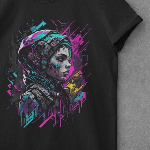 Cyberpunk Hacker T-Shirt, Futuristic Female,  Neon,  Synthwave, Crypto enthusiast, hacking shirt, gaming gift