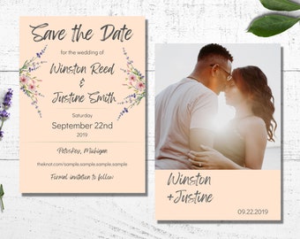 Wildflower Save the Date | Boho Save the Date | Peach Wedding Invitation | Invitation with Photo | Two-sided Wedding Invite | Printed Invite