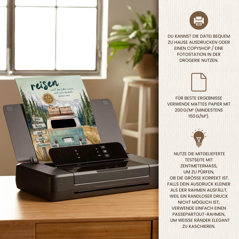 May include: A black printer holding a printed sheet featuring a watercolour illustration of a vintage van, mountains, and a compass. The text reads "reisen", "gute Reise und viele Abenteuer". The right side displays German instructions for printing.
