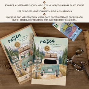 May include: Two rectangular paper prints featuring a watercolour illustration of a teal camper van, mountains, and a compass. The text reads 'reisen macht das Leben reicher, auch wenn das Konto kleiner wird' and 'gute Reise und viele Abenteuer'.