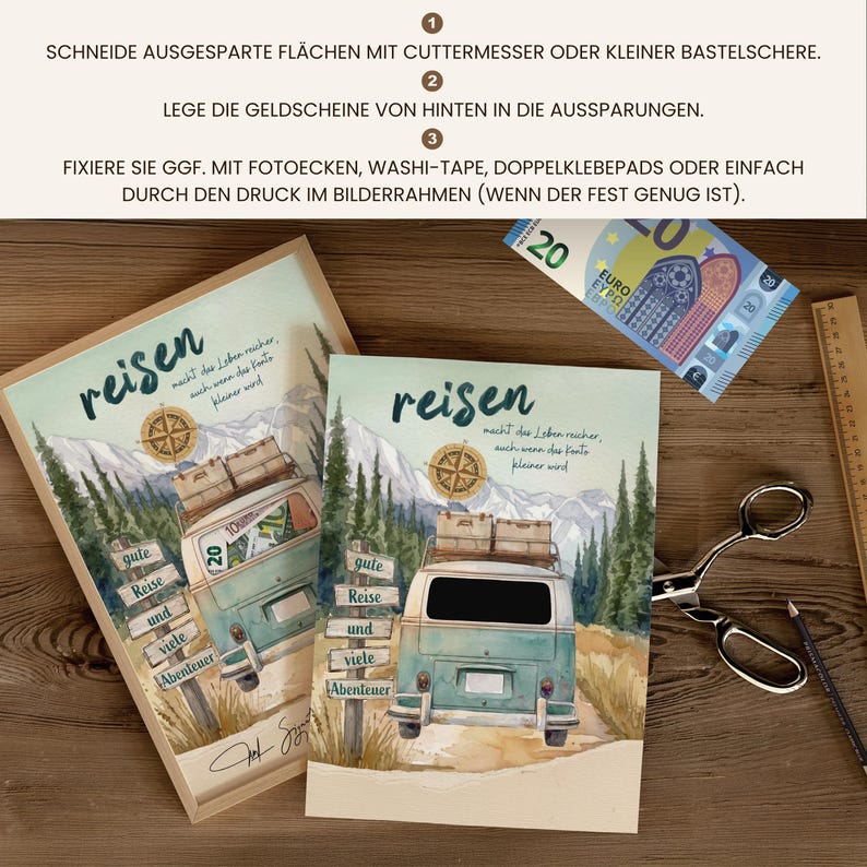 May include: Two rectangular paper prints featuring a watercolour illustration of a teal camper van, mountains, and a compass. The text reads 'reisen macht das Leben reicher, auch wenn das Konto kleiner wird' and 'gute Reise und viele Abenteuer'.