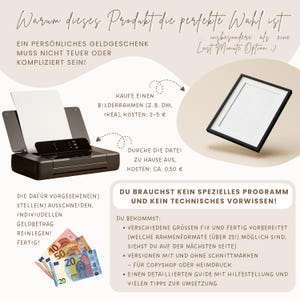 May include: An image with text and illustrations. A black printer prints a white sheet of paper. A black picture frame is on the right. The text describes a personalized gift idea.