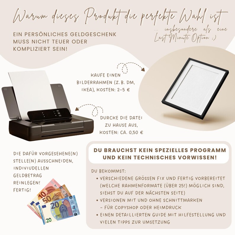 May include: An image with text and illustrations. A black printer prints a white sheet of paper. A black picture frame is on the right. The text describes a personalized gift idea.