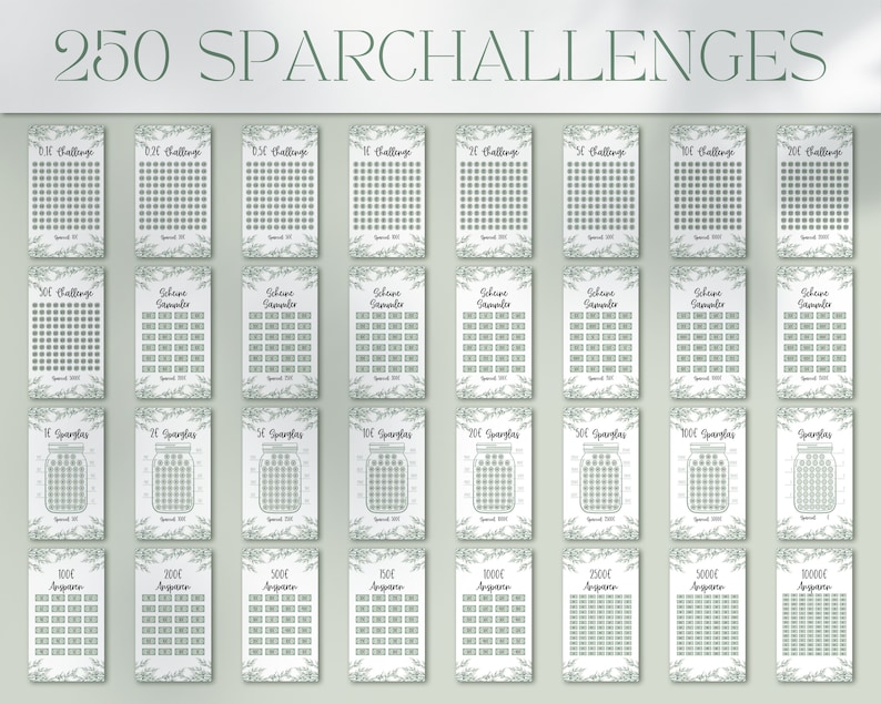 May include: A set of 250 printable challenge cards with a green floral border. The cards are designed for a variety of challenges, including 0.1, 0.2, 0.5, 1, 2, 5, 10, 20, 50, 100, 200, 500, 1000, 2000, 5000, 10000, 20000, and 50000 challenges.