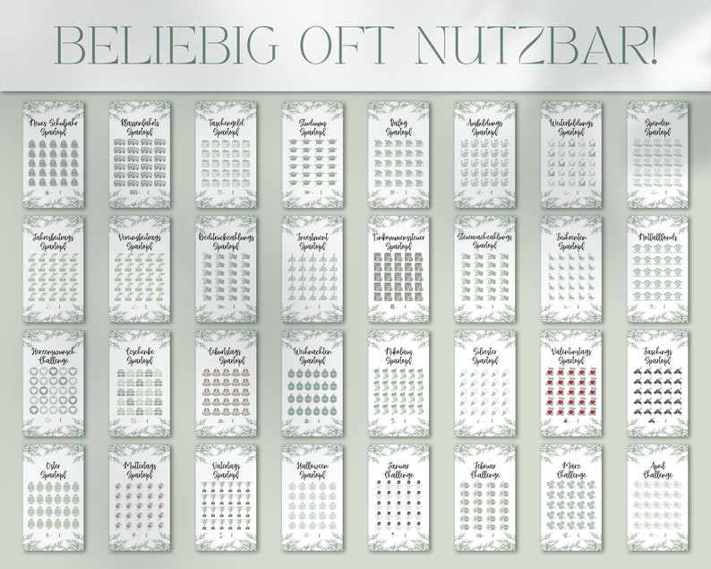 May include: A set of 16 printable challenge trackers with various themes, including "New Year's Goals", "Birthday", "Christmas", and "Travel". Each tracker features a grid with 30 squares and a title in German.