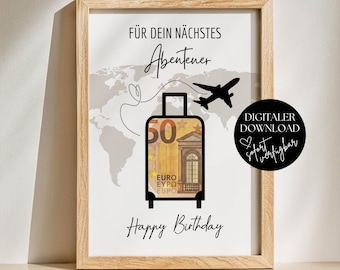 Reisekasse Geldgeschenk Geburtstag PDF Vorlage Sofort Download, Last Minute DIY Geldgeschenk verpacken, Kreative Geschenkidee 18. Geburtstag