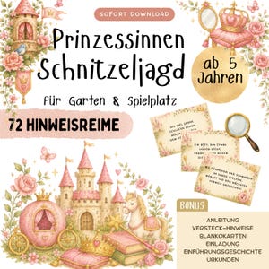 Könnte beinhalten: Ein digitales Schnitzeljagd-Set für Kinder mit Illustrationen einer rosa Kutsche, eines Schlosses, eines Pferdes und Kronen. Der Text enthält "Prinzessinnen Schnitzeljagd", "ab 5 Jahren", "72 HINWEISREIME", "SOFORT DOWNLOAD" und "BONUS" mit einer Liste der enthaltenen Druckvorlagen.