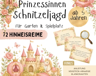 Prinzessin Schnitzeljagd Kinder 5-8 Jahre | Outdoor Schatzsuche PDF Vorlage | Partyspiel Kindergeburtstag | 72 Hinweiskarten in Reimform