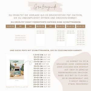 May include: A digital information chart detailing 23 print-ready PDF files for various frame sizes. It lists dimensions in centimetres, including 13x18 cm, A5, A4, 28x35 cm, A3, 30x40 cm, 30x45 cm, and 45x45 cm, alongside examples of crop marks.