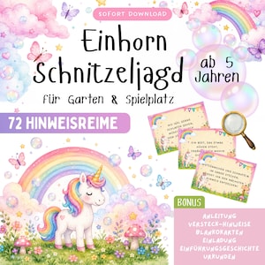 Könnte beinhalten: Ein digitales, ausdruckbares Schnitzeljagd-Set mit Einhorn, Regenbogen, Schmetterlingen und Seifenblasen. Der Text umfasst "Einhorn Schnitzeljagd", "ab 5 Jahren", "für Garten & Spielplatz", "72 HINWEISREIME" sowie "BONUS" mit einer Liste der Materialien.