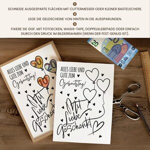 May include: Two birthday cards with the text "Alles Liebe und Gute zum Geburtstag!" and "Mit Liebe Geschenkt" in black script. One card has heart-shaped balloons with numbers. A twenty Euro bill, scissors, and a ruler are also visible.