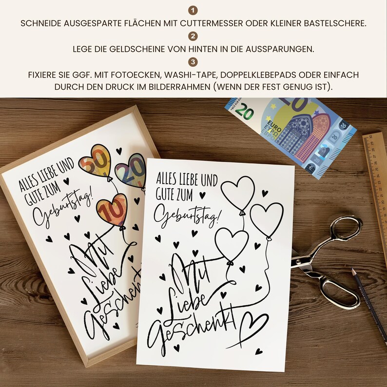 May include: Two birthday cards with the text "Alles Liebe und Gute zum Geburtstag!" and "Mit Liebe Geschenkt" in black script. One card has heart-shaped balloons with numbers. A twenty Euro bill, scissors, and a ruler are also visible.