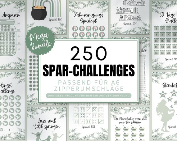 250 Sparchallenge A6 Vorlagen für Budget Planer deutsch, Budget Templates inkl. Sparglas Challenge  & Tracker, Budgeting digital download