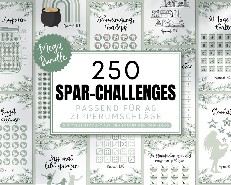 May include: A collection of 250 printable A6 size saving challenges, perfect for a zippered pouch. The challenges are designed with a green and white color scheme and feature various themes, including saving for a trip, a new car, or a rainy day fund. The text on the image reads "250 SPAR-CHALLENGES PASSEND F&Uuml;R A6 ZIPPERUMSCHL&Auml;GE DIGITALES PRODUKT F&Uuml;R DEN SOFORTIGEN DOWNLOAD".