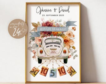 Personalisiertes Hochzeitsgeschenk Geld | DIY Geschenkidee Hochzeitsauto | Hochzeitsposter Download A4 | digitales Geldgeschenk Hochzeit