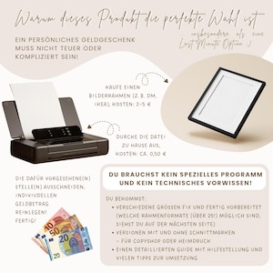 May include: An image with text and illustrations about a personalized money gift. It shows a printer, a black picture frame, and euro banknotes. The text explains how to create a gift by printing, cutting, and inserting money into a frame.