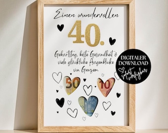 Geldgeschenk 40. Geburtstag PDF Vorlage Sofort Download, Last Minute DIY Geldgeschenk verpacken, Kreative Geschenkidee Runder Geburtstag
