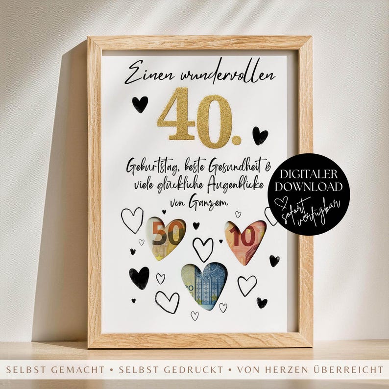 Geldgeschenk 40. Geburtstag PDF Vorlage Sofort Download, Last Minute DIY Geldgeschenk verpacken, Kreative Geschenkidee Runder Geburtstag bild 1