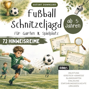 Könnte beinhalten: Ein digitaler Download für eine Fußball-Schnitzeljagd mit Illustrationen eines goldenen Pokals, einer Trillerpfeife, einer Lupe und Kindern beim Fußballspielen. Der Text enthält "Fußball Schnitzeljagd", "ab 5 Jahren", "72 HINWEISREIME" und "BONUS".
