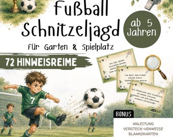 Fußball Schnitzeljagd Kinder 5-8 Jahre | Outdoor Schatzsuche PDF Vorlage | Partyspiel Kindergeburtstag Jungen | 72 Hinweiskarten in Reimform