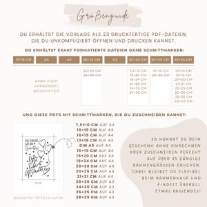 May include: A white and beige chart with size options for printable PDF files. The chart includes measurements in centimeters, such as 13x18 cm, and lists various frame sizes. A sample print with text and hearts is shown.