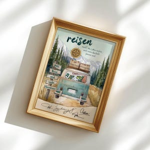May include: A framed watercolour-style print featuring a teal vintage van driving through a mountain landscape. The artwork includes a compass, a wooden signpost with German text, and a rear window displaying paper currency inside a gold frame.