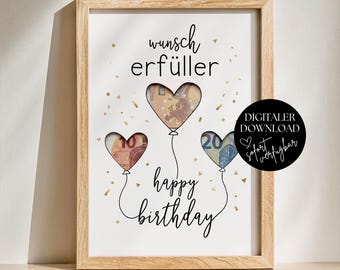 Wunscherfüller Geldgeschenk Geburtstag PDF Vorlage Sofort Download, Last Minute DIY Geldgeschenk verpacken, Kreative Geschenkidee Geburtstag