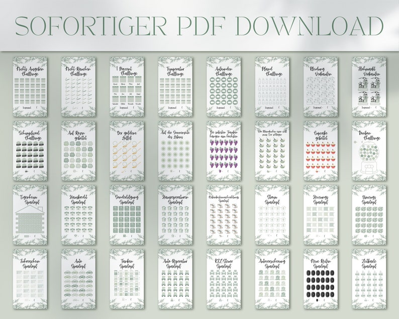 May include: A printable set of 24 challenge cards with a green floral border. The cards feature various challenges, such as "1 Percent Challenge", "The Golden Ticket", "Cupcake Quest", and "Drink More Water".
