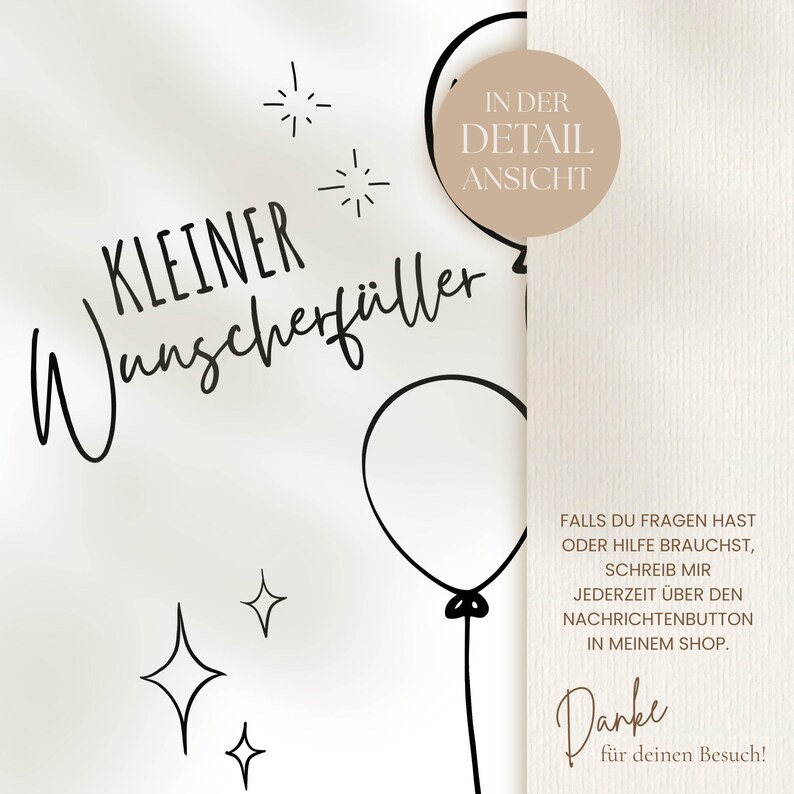 May include: A cream-colored background with black script and illustrations. The text includes "KLEINER Wunscherf&uuml;ller" and other phrases in German. There are also star and balloon illustrations.