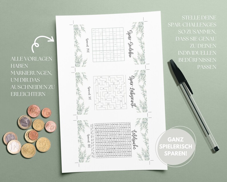 May include: Printable set of three money saving challenge worksheets with a green leafy border. The worksheets include a Sudoku, a maze, and a search puzzle. The text on the page says "Spar-Sodoku", "Spar-Labyrinth", "Feldsuche", "Stelle deine Spar Challenges so zusammen, dass sie genau zu deinen individuellen Bed&uuml;rfnissen passen", "Ganz Spielerisch Sparen!" and "Alle Vorlagen haben Markierungen, um dir das Ausschneiden zu erleichtern".
